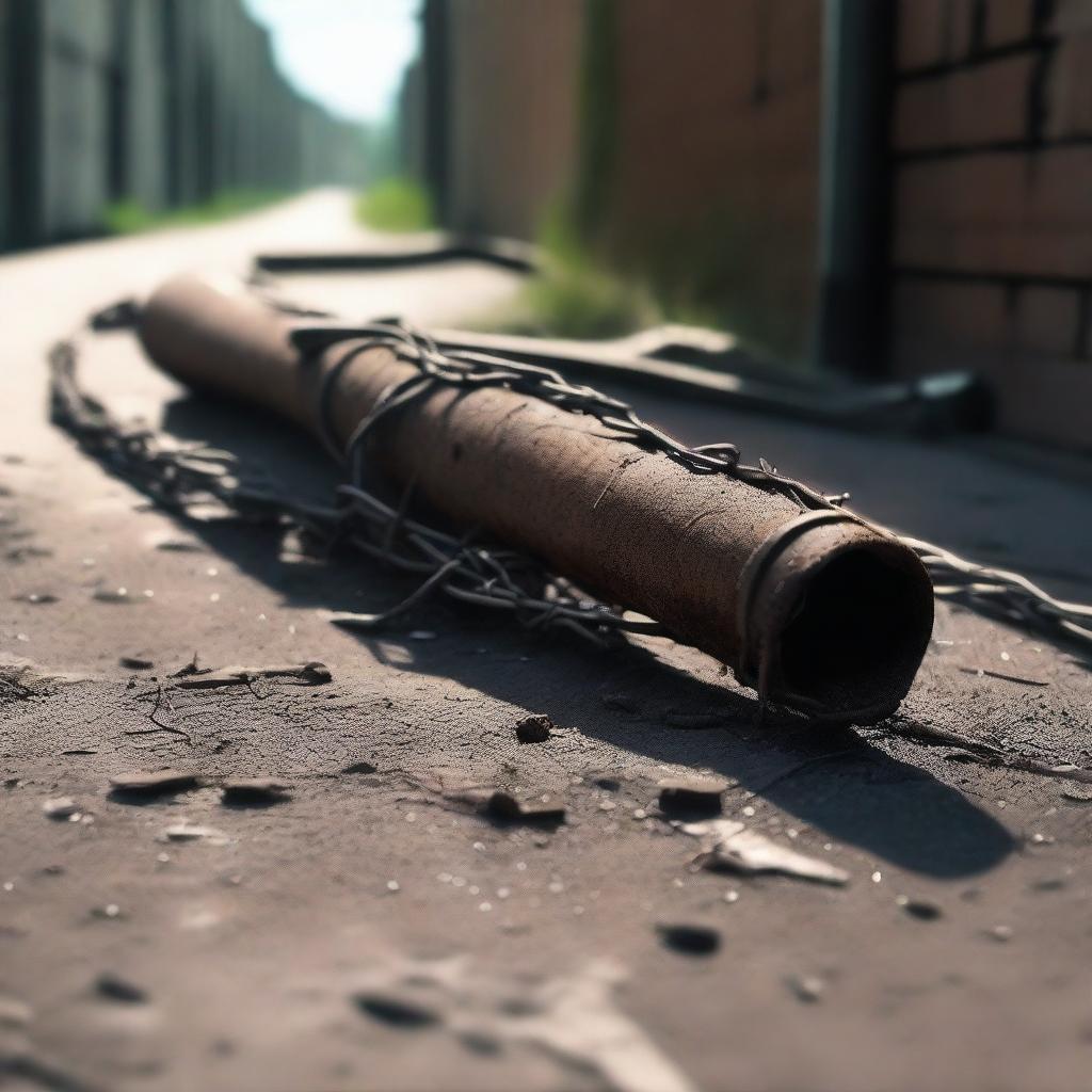 A cursed baseball bat embedded with rusty nails and wrapped in barbed wire