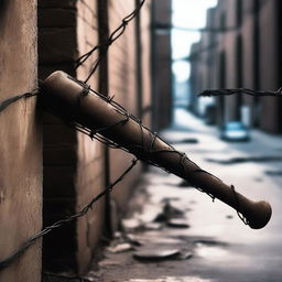 A cursed baseball bat embedded with rusty nails and wrapped in barbed wire