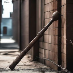 A cursed baseball bat embedded with rusty nails and wrapped in barbed wire