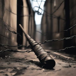 A cursed baseball bat embedded with rusty nails and wrapped in barbed wire