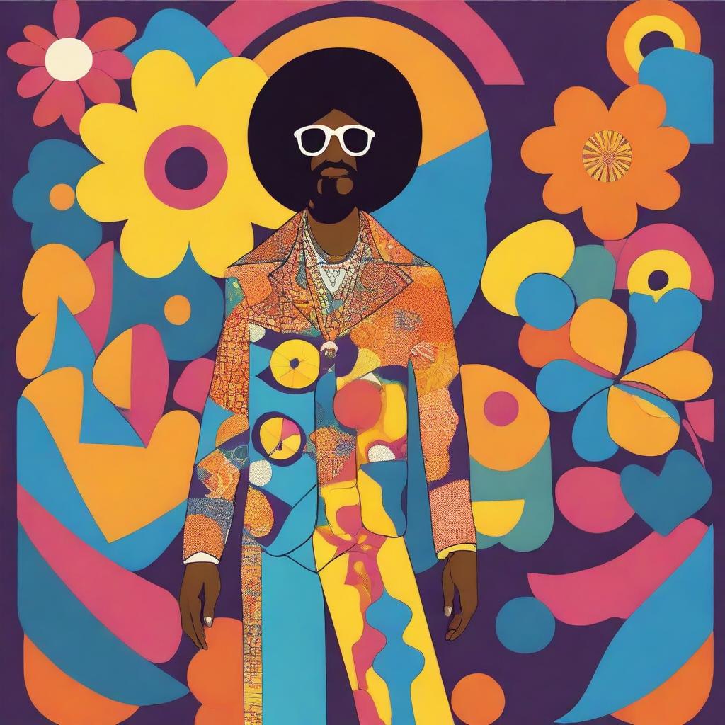 An illustration featuring a man and a flower inspired by the 1970s