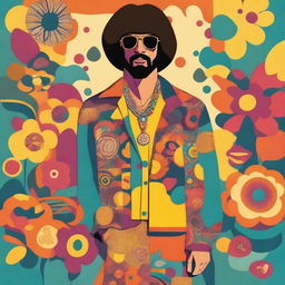 An illustration featuring a man and a flower inspired by the 1970s