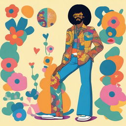 An illustration featuring a man and a flower inspired by the 1970s