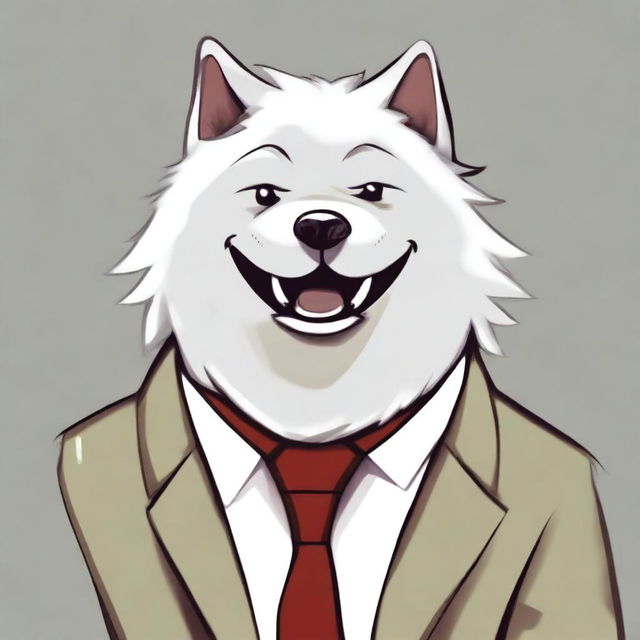 A cute orc that resembles a white Samoyed dog, wearing a tie