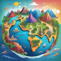 A detailed and vibrant illustration of the world, showcasing various continents, oceans, and landmarks