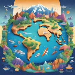 A detailed and vibrant illustration of the world, showcasing various continents, oceans, and landmarks