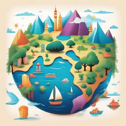 A detailed and vibrant illustration of the world, showcasing various continents, oceans, and landmarks