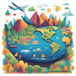 A detailed and vibrant illustration of the world, showcasing various continents, oceans, and landmarks