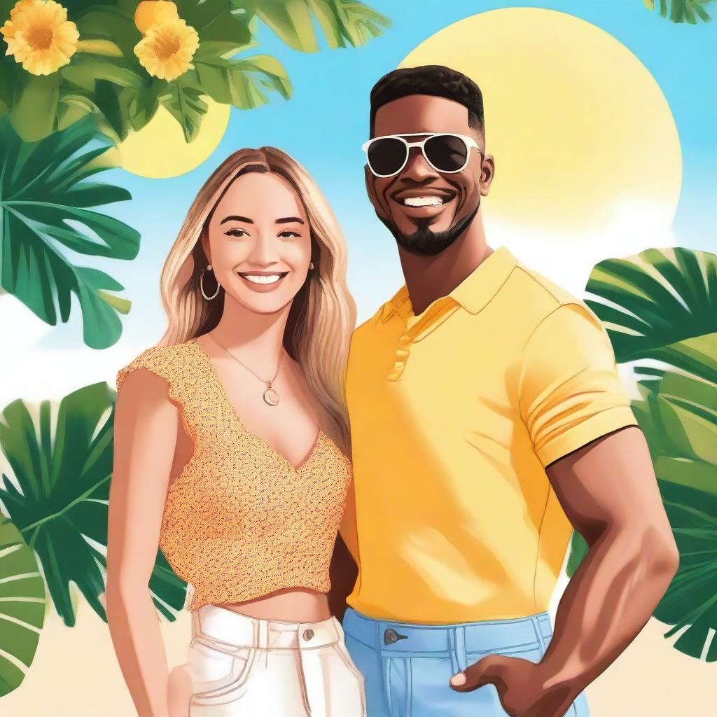 A detailed illustration of JJ Maybank and influencer Lydia Campanelli standing back to back