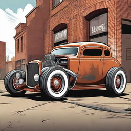 A detailed illustration of a rat rod style car, featuring a rusty and rugged exterior with exposed engine parts, vintage tires, and a low stance