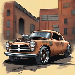 A detailed illustration of a rat rod style car, featuring a rusty and rugged exterior with exposed engine parts, vintage tires, and a low stance