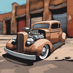 A detailed illustration of a rat rod style car, featuring a rusty and rugged exterior with exposed engine parts, vintage tires, and a low stance