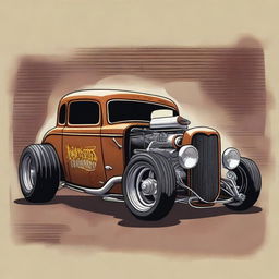 A detailed illustration of a rat rod style car, featuring a rusty and rugged exterior with exposed engine parts, vintage tires, and a low stance