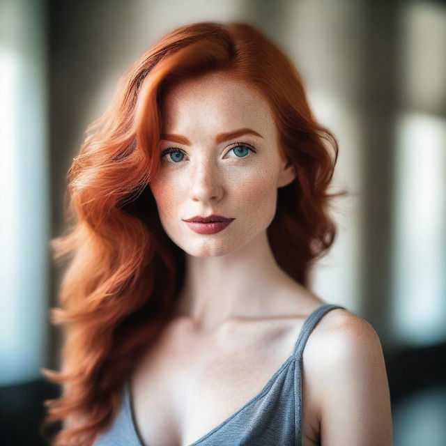 A selfie of a beautiful redhead woman with a sultry expression