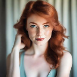 A selfie of a beautiful redhead woman with a sultry expression