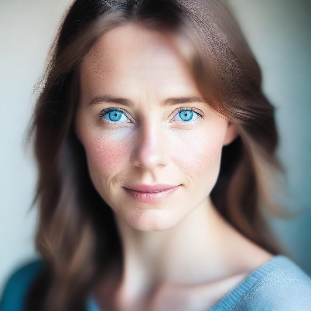 A portrait of a person with soft focus, featuring striking blue eyes and brunette hair