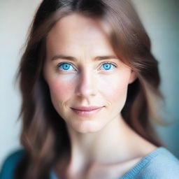 A portrait of a person with soft focus, featuring striking blue eyes and brunette hair