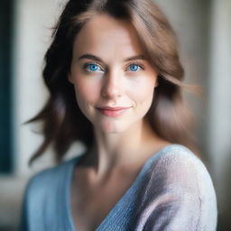 A portrait of a person with soft focus, featuring striking blue eyes and brunette hair