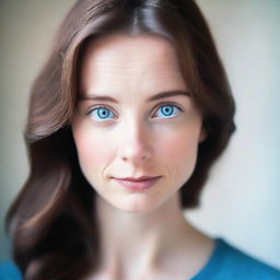 A portrait of a person with soft focus, featuring striking blue eyes and brunette hair