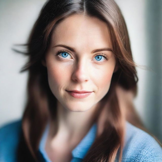 A portrait of a person with soft focus, featuring striking blue eyes and brunette hair