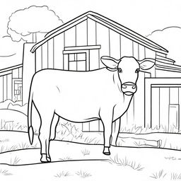 Create a black and white cartoon-style coloring page featuring a cow on a farm