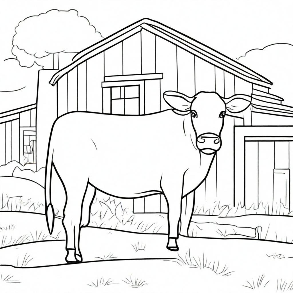 Create a black and white cartoon-style coloring page featuring a cow on a farm