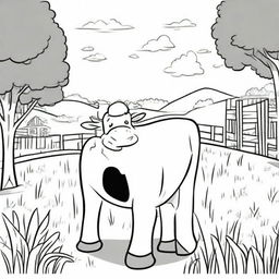 Create a black and white cartoon-style coloring page featuring a cow on a farm