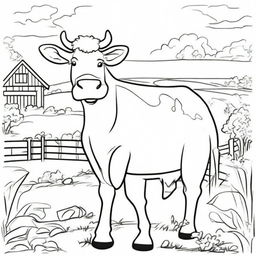 Create a black and white cartoon-style coloring page featuring a cow on a farm