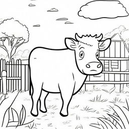 Create a black and white cartoon-style coloring page featuring a cow on a farm