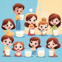 Create a Disney Pixar style poster featuring chibi characters drinking milk