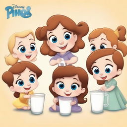 Create a Disney Pixar style poster featuring chibi characters drinking milk