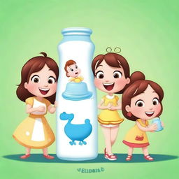 Create a Disney Pixar style poster featuring chibi characters drinking milk