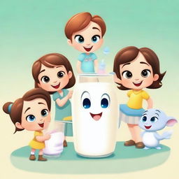 Create a Disney Pixar style poster featuring chibi characters drinking milk