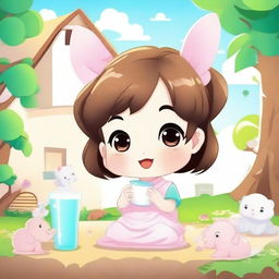 Create a cartoon image featuring cute and beautiful chibi characters drinking milk