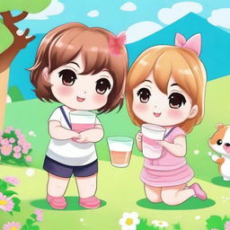 Create a cartoon image featuring cute and beautiful chibi characters drinking milk