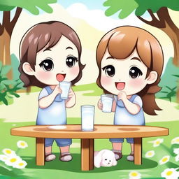 Create a cartoon image featuring cute and beautiful chibi characters drinking milk