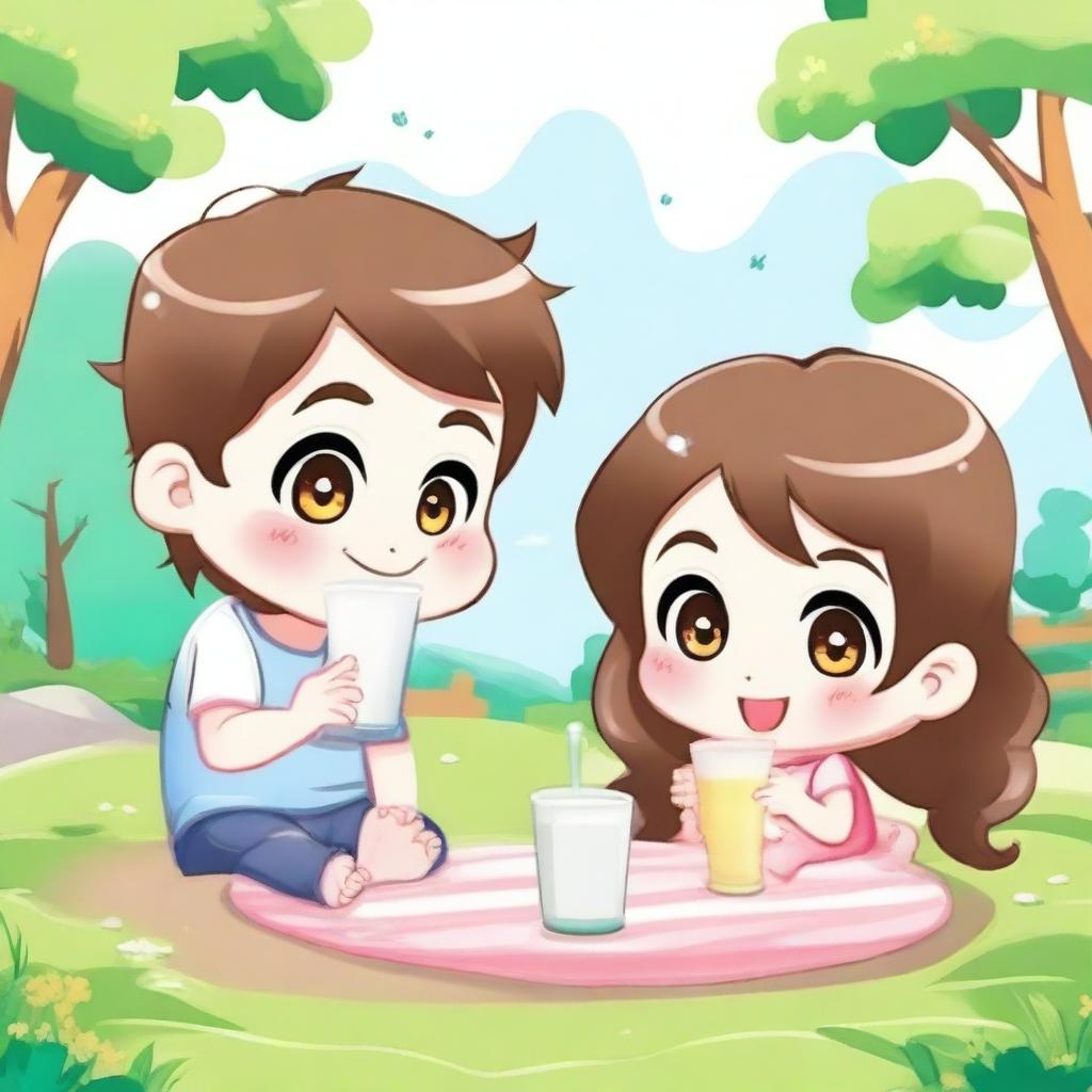 Create a cartoon image featuring cute and beautiful chibi characters drinking milk