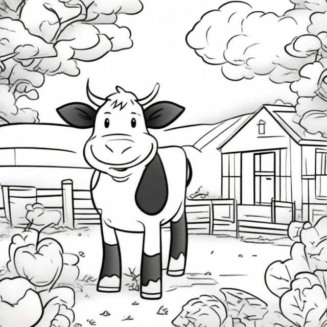 Create a black and white cartoon coloring page featuring a cheerful cow standing in a farm setting