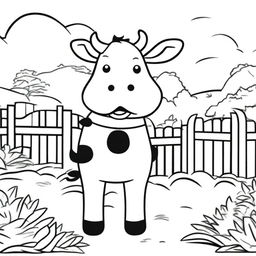 Create a black and white cartoon coloring page featuring a cheerful cow standing in a farm setting