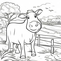 Create a black and white cartoon coloring page featuring a cheerful cow standing in a farm setting