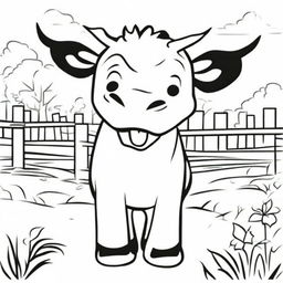 Create a black and white cartoon coloring page featuring a cheerful cow standing in a farm setting