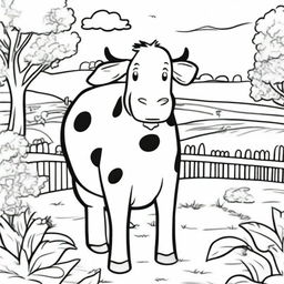 Create a black and white cartoon coloring page featuring a cheerful cow standing in a farm setting