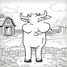 Create a black and white cartoon coloring page featuring a cheerful cow standing in a farm setting