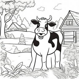 Create a black and white cartoon coloring page featuring a cheerful cow standing in a farm setting