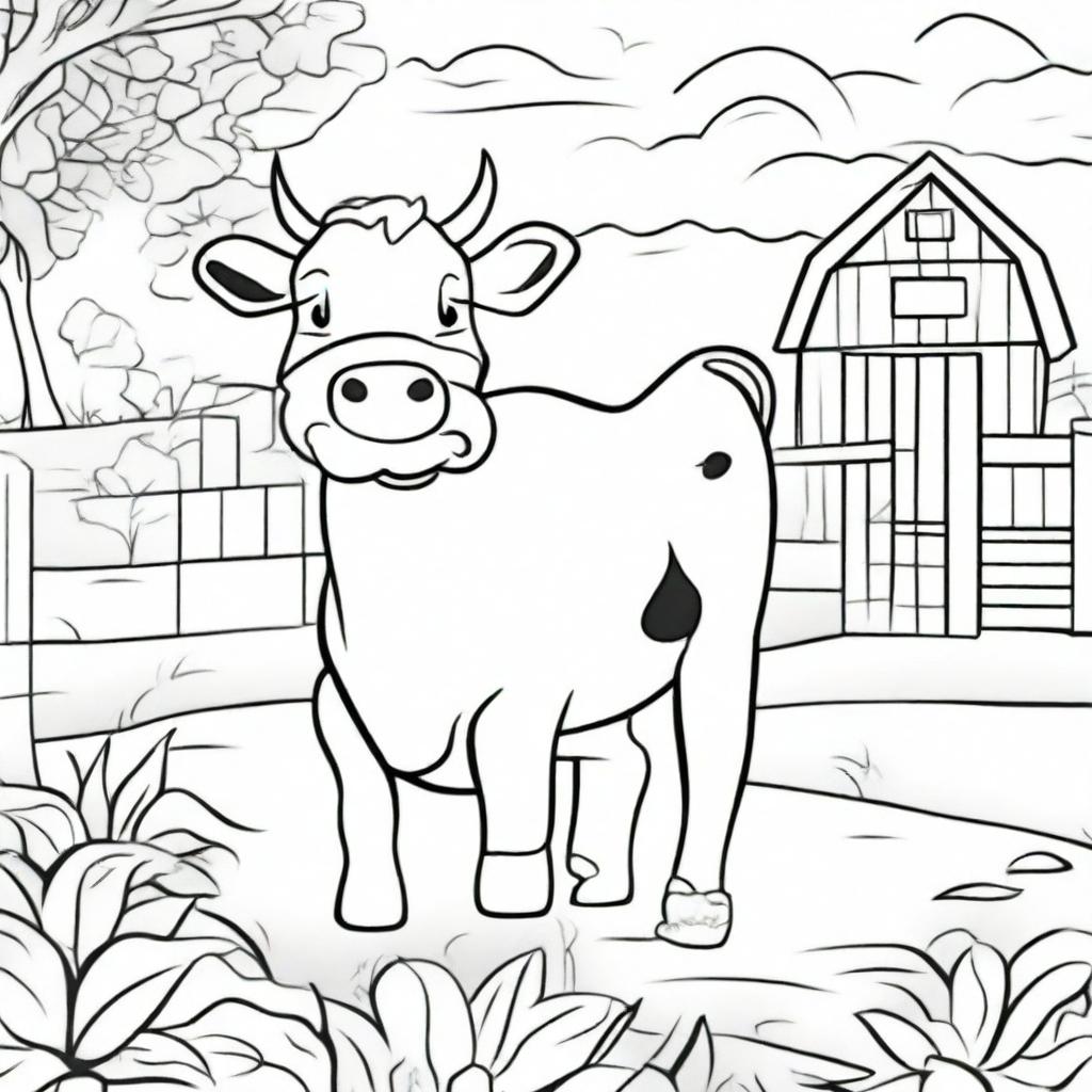 Create a black and white cartoon coloring page featuring a cheerful cow standing in a farm setting