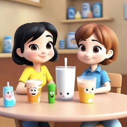 Create a Disney Pixar style poster featuring cute and beautiful chibi characters in a 3D anime-inspired cartoon style, drinking milk