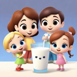 Create a Disney Pixar style poster featuring cute and beautiful chibi characters in a 3D anime-inspired cartoon style, drinking milk