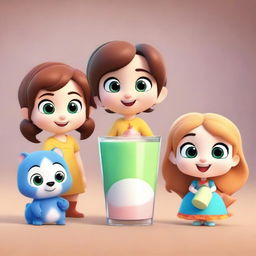 Create a Disney Pixar style poster featuring cute and beautiful chibi characters in a 3D anime-inspired cartoon style, drinking milk