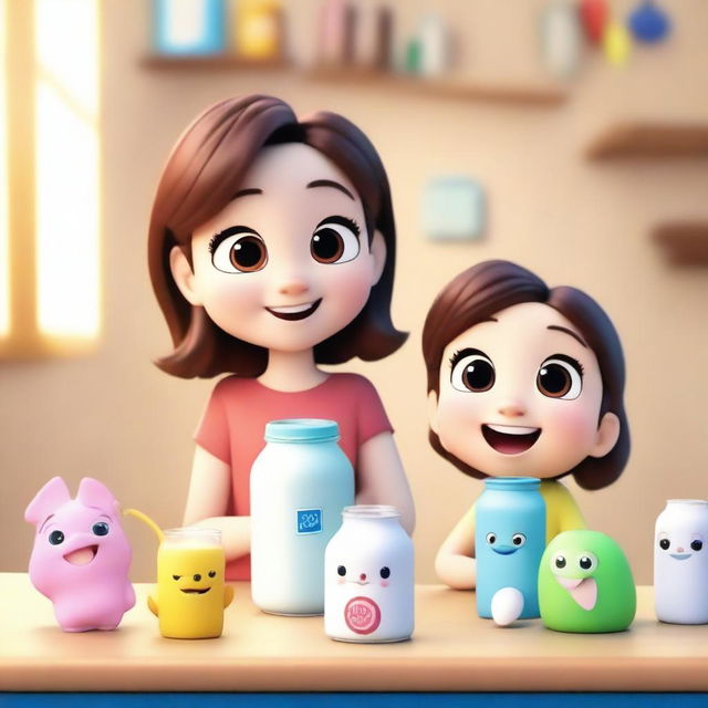 Create a Disney Pixar style poster featuring cute and beautiful chibi characters in a 3D anime-inspired cartoon style, drinking milk