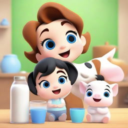 Create a Disney Pixar style poster featuring cute and beautiful chibi characters in a 3D anime-inspired cartoon style, drinking milk with a cow